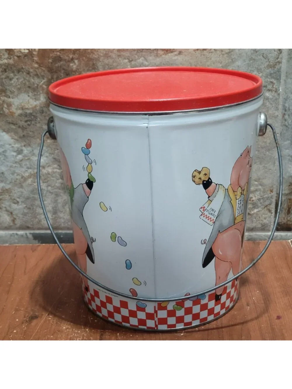 Vintage Cafe Pigaro Tin Popcorn Bucket Two Pigs Having Picnic